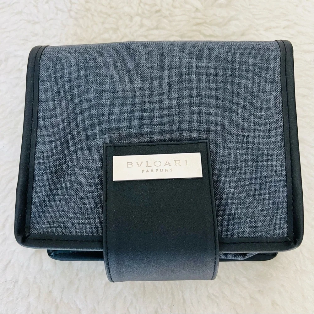 Bvlgari Parfume Black Leather Gray Canvas Bifold Cosmetic Novelty Pouch Case